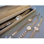 Two ladies 9ct gold cased wristwatches with 9ct bracelet straps together with a ladies 9ct gold