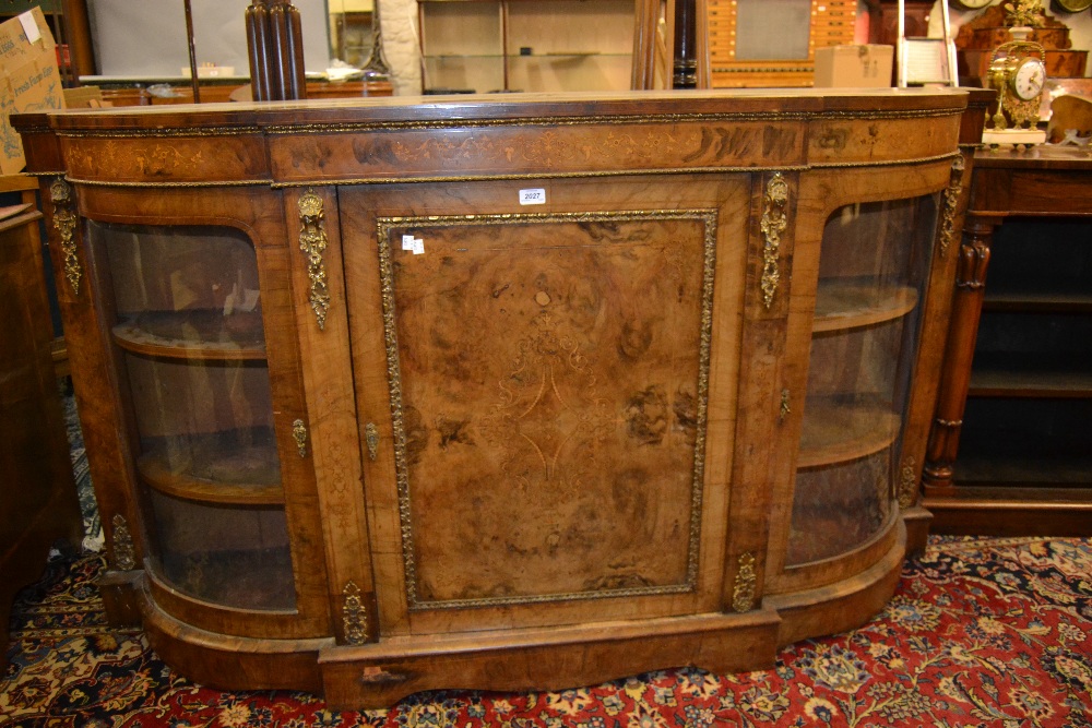 Victorian figured walnut ormolu mounted and marquetry inlaid credenza,