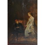 19th Century French school, oil on panel, interior scene with seated gentleman and a lady,