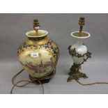 20th Century Continental porcelain table lamp base decorated with figures on horseback,