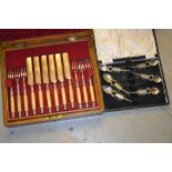 Victorian oak cased set of silver plated and engraved dessert knives and forks,