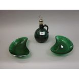 Antique green glass bottle decanter with plated collar and stopper,