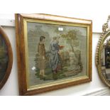 19th Century maple framed needlework picture of figures in a landscape CONDITION REPORT