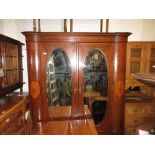 Edwardian mahogany marquetry inlaid double bow fronted wardrobe