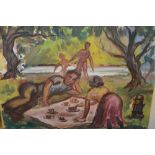 Two unframed Bloomsbury Group style oils, picnic by a river,