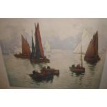 French artist signed coloured engraving, boats in a harbour,