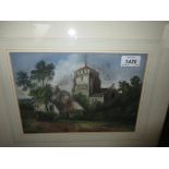 Eleanor Thompson, 19th Century pastel, view of a church and cottage together with a watercolour,