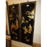 Pair of black lacquered gilded and carved shell wall panels of Geishas,