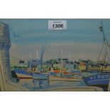 Watercolour, sailing boats in a harbour, signed indistinctly, 8ins x 10ins,