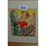 Taylor original cartoon postcard artwork with a lady at the seaside on a weighing machine, signed,