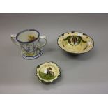 Staffordshire floral decorated two handled frog mug and two items of Motto Ware