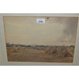 Early 20th Century gilt framed watercolour, haystacks in a landscape,