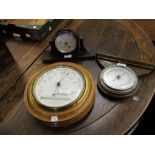 19th Century circular oak cased aneroid barometer together with a Short and Mason Bakelite cased