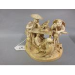 Fine quality Japanese Meiji period carved ivory group, figures resting beside a sedan chair,