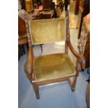 Pair of 19th Century Continental walnut open armchairs having rams head arms and turned tapering