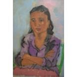 Desmond Harmsworth, oil on canvas, study of a gypsy woman in a violet jacket, signed, 20ins x 16ins,