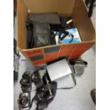 Box containing a large collection of various SLR and other cameras, including Canon etc.