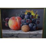 Raymond Campbell, small oil on panel, still life, fruit on a marble ledge, signed, 5.5ins x 7.