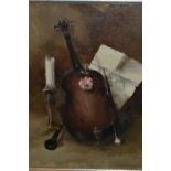 20th Century oil on canvas, still life study of musical instruments, signed indistinctly, 11.