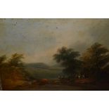 Oil on metal panel, English classical landscape with figures and cattle, 9.5ins x 13.