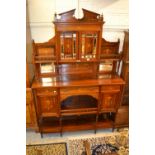 Edwardian rosewood marquetry inlaid side cabinet, the mirrored back with two doors and open shelves,