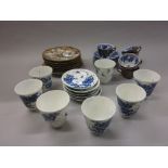 Group of six Japanese blue and white tea bowls with saucers, signed with six character marks,