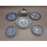 19th Century blue and white transfer printed Willow pattern sauce tureen cover and stand,