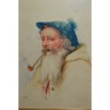 Gianni, pair of watercolours, portrait studies, an old man smoking a pipe and a lady in a headscarf,