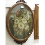 19th Century oval mahogany framed floral woolwork picture