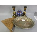 Pair of Kashmir candlesticks, cloisonne vase with cover,
