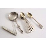 A SET OF SIX GEORGE IV FIDDLE PATTERN EGG SPOONS crested, gilt bowls, London 1823, a Continental,