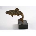 A 20TH CENTURY SILVERGILT FILIGREE-WORK FIGURE of a leaping salmon or trout on a square marble base,