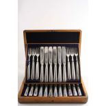 A LATE VICTORIAN CASED SET OF TWELVE PAIRS OF FISH KNIVES & FORKS with loaded Thread pattern