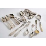 A MIXED LOT:- A set of five George III bright-cut tea spoons by Peter, Anne & William Bateman,