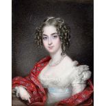ENGLISH SCHOOL EARLY 19TH C. Portrait of a lady wearing red Paisley pattern shawl, half length, on