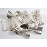 MIXED FIDDLE PATTERN TO INCLUDE:- Eight table spoons, seven dessert spoons, ten dessert forks,