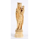 A CARVED IVORY FIGURE of the Virgin and Child on octagonal base, 19th century; 14.5 cms