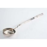 A GEORGE II CANNON-HANDLED PUNCH LADLE with a deep oval bowl, initialled "J.G.F" underneath,