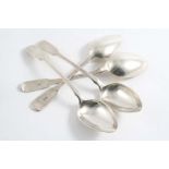 A PAIR & TWO SINGLE LATE 18TH CENTURY MALTESE FIDDLE PATTERN TABLE SPOONS, all initialled to