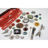 A QUANTITY OF JEWELLERY including a triple row coral necklace, a single row graduated coral bead