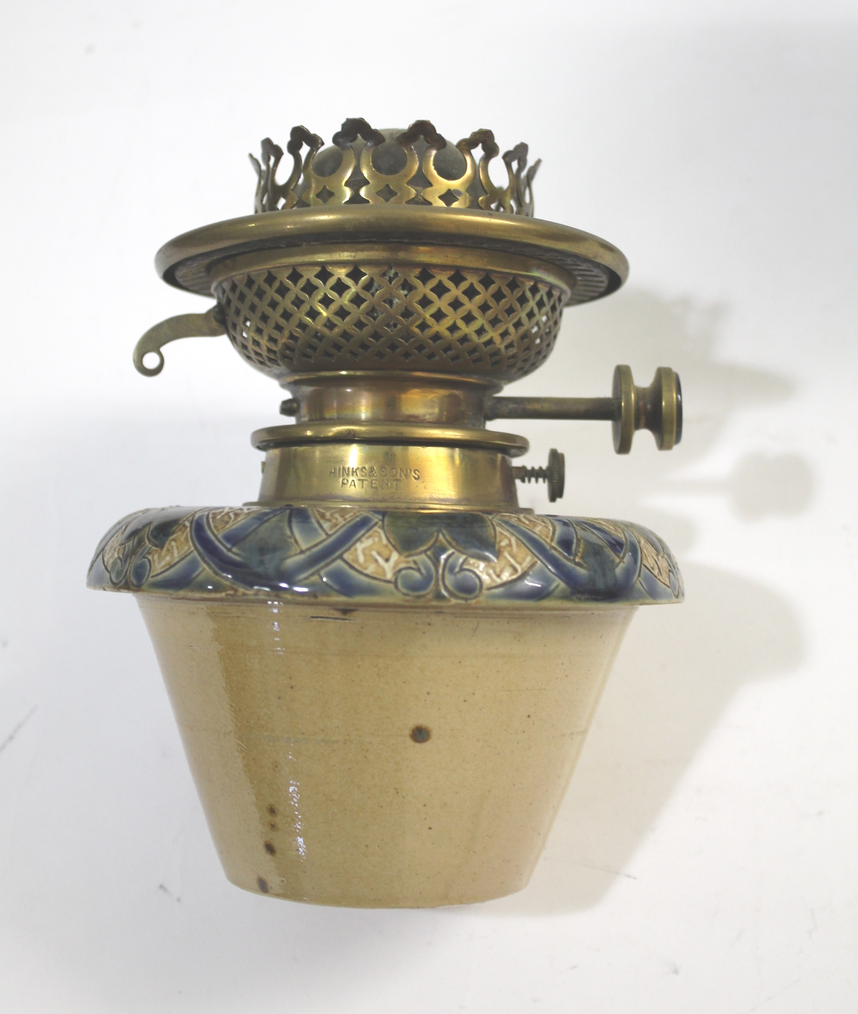 DOULTON LAMBETH OIL LAMP - 1882 a pottery and brass mounted oil lamp, with a removable font. With - Image 8 of 9