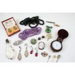 A QUANTITY OF JEWELLERY including a pair of garnet and marcasite cluster earrings, a paste set