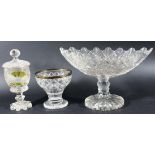 LARGE GLASS CENTREPIECE, of oval form, on a spreading foliate foot, width 37cm; together with a