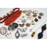 A LARGE QUANTITY OF JEWELLERY AND COSTUME JEWELLERY including a three row coral necklace, a ruby and