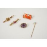 AN OPAL AND GOLD STICK PIN set with an oval solid white opal, an amethyst, half pearl and 15ct. gold