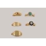 THREE GEM SET AND GOLD RINGS including a sapphire and diamond cluster ring, set in 9ct. gold, size L