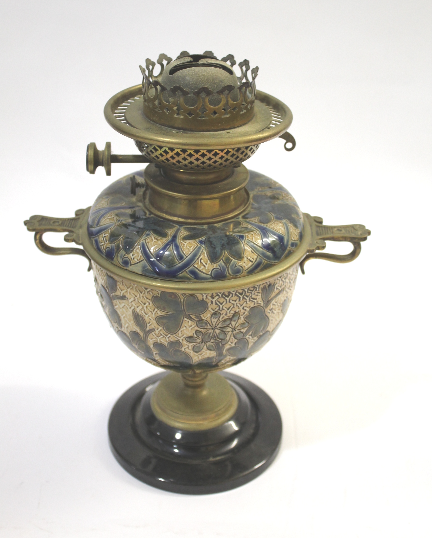 DOULTON LAMBETH OIL LAMP - 1882 a pottery and brass mounted oil lamp, with a removable font. With - Image 4 of 9