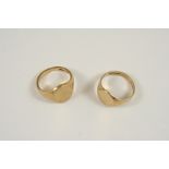 A 9CT. GOLD SIGNET RING 8.6 grams, size U, together with another 9ct. gold signet ring, 6.2 grams,