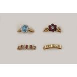 FOUR ASSORTED GOLD AND GEM SET RINGS including a garnet and diamond cluster ring, set in 9ct.