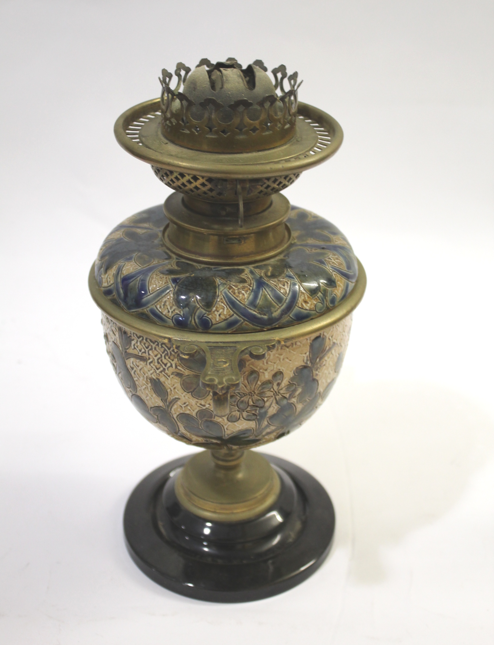 DOULTON LAMBETH OIL LAMP - 1882 a pottery and brass mounted oil lamp, with a removable font. With - Image 3 of 9